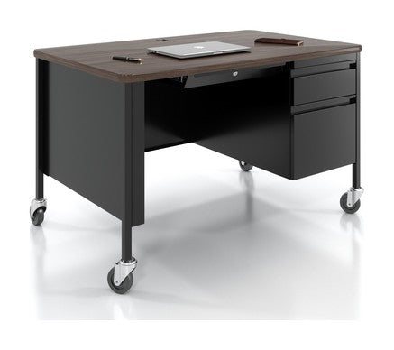 Hirsh 30"D x 48"W Mobile Right Hand Single Pedestal Desk with Rounded Corner T-Mold Top for Schools - SchoolOutlet