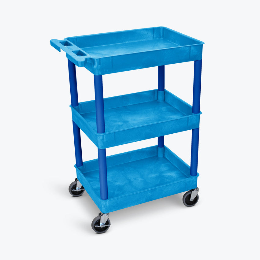 Luxor BUSTC111BU - 3 Shelf Plastic Tub Cart - Blue - SchoolOutlet