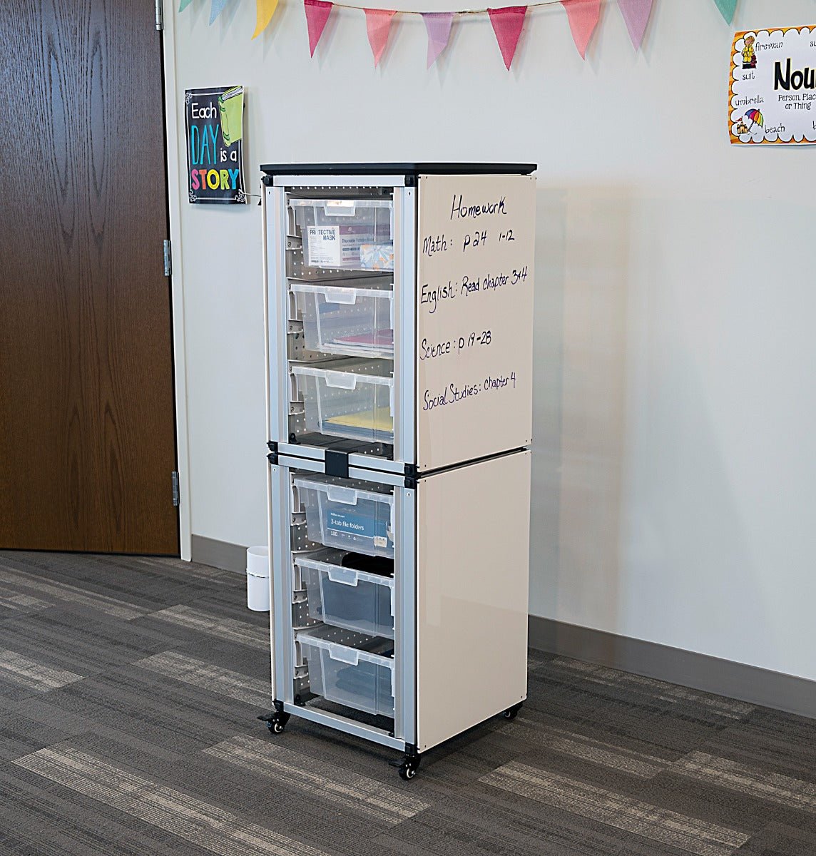 Luxor Modular Classroom Storage Cabinet - 2 stacked modules with 6 large bins (LUX-MBS-STR-12-6L) - SchoolOutlet