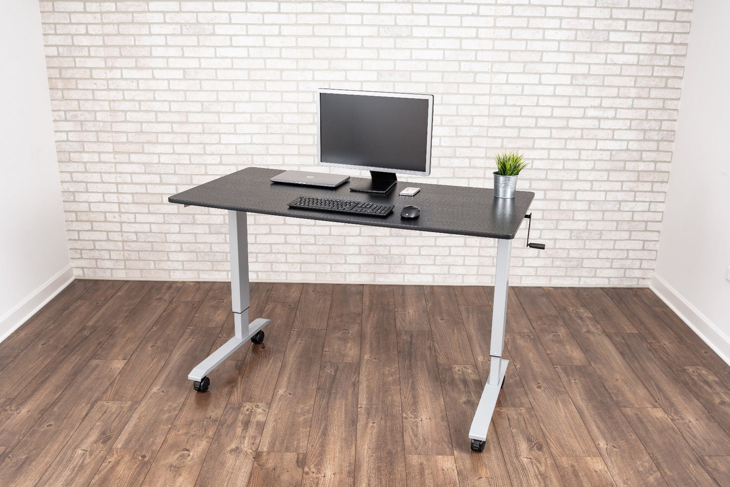 Luxor STANDCF60-AG-BO - 60" Crank Adjustable Stand Up Desk - Silver Frame with Black Oak Top(LUX-STANDCF60-AG-BO) - SchoolOutlet