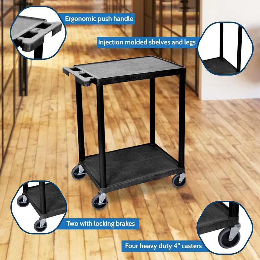 Luxor STC22-B Multipurpose Utility Cart with 2 Shelf - Black - SchoolOutlet