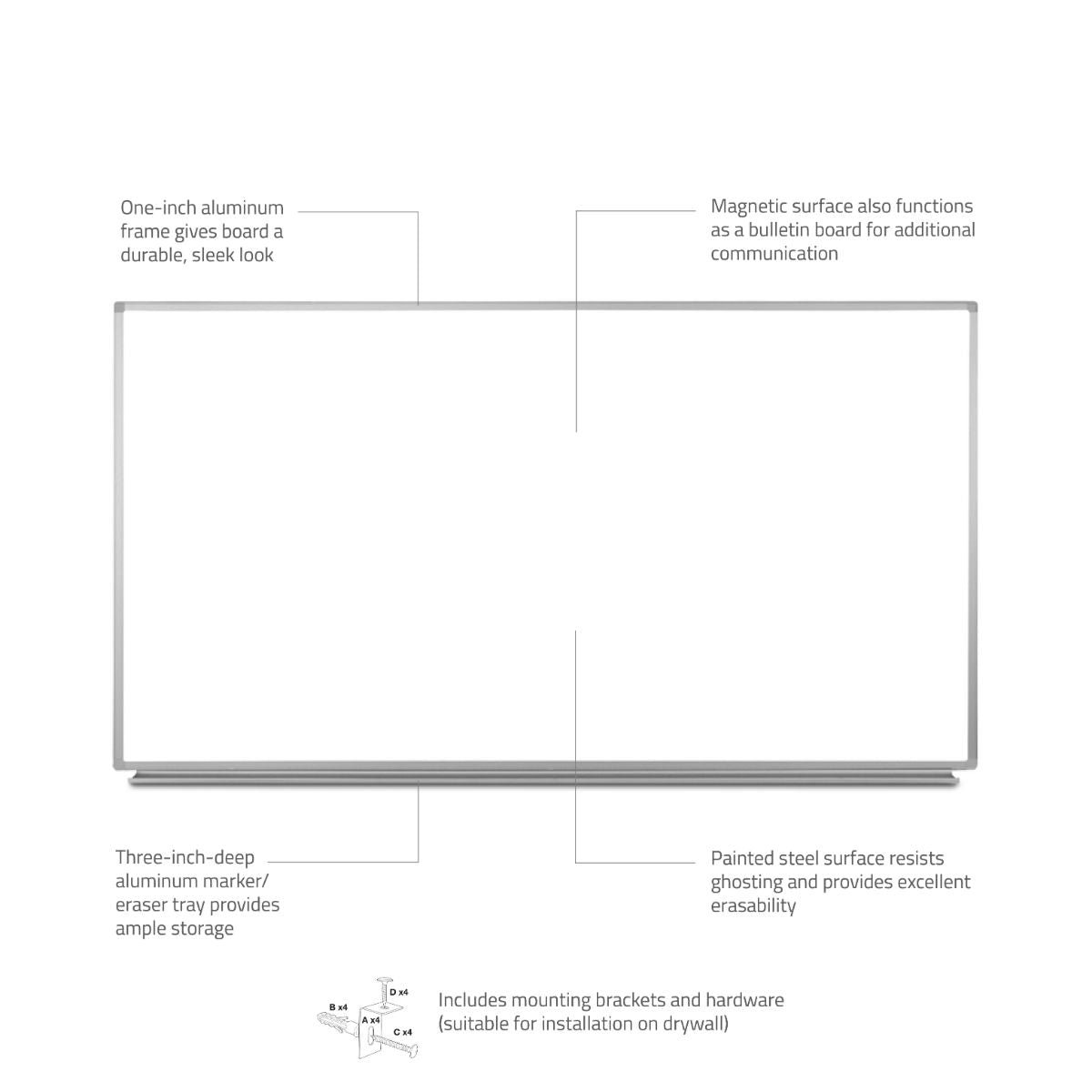 Fuerza Wall-Mounted Magnetic Dry-erase Whiteboard 72"W x 40"H (FZA-95039-LX) - SchoolOutlet