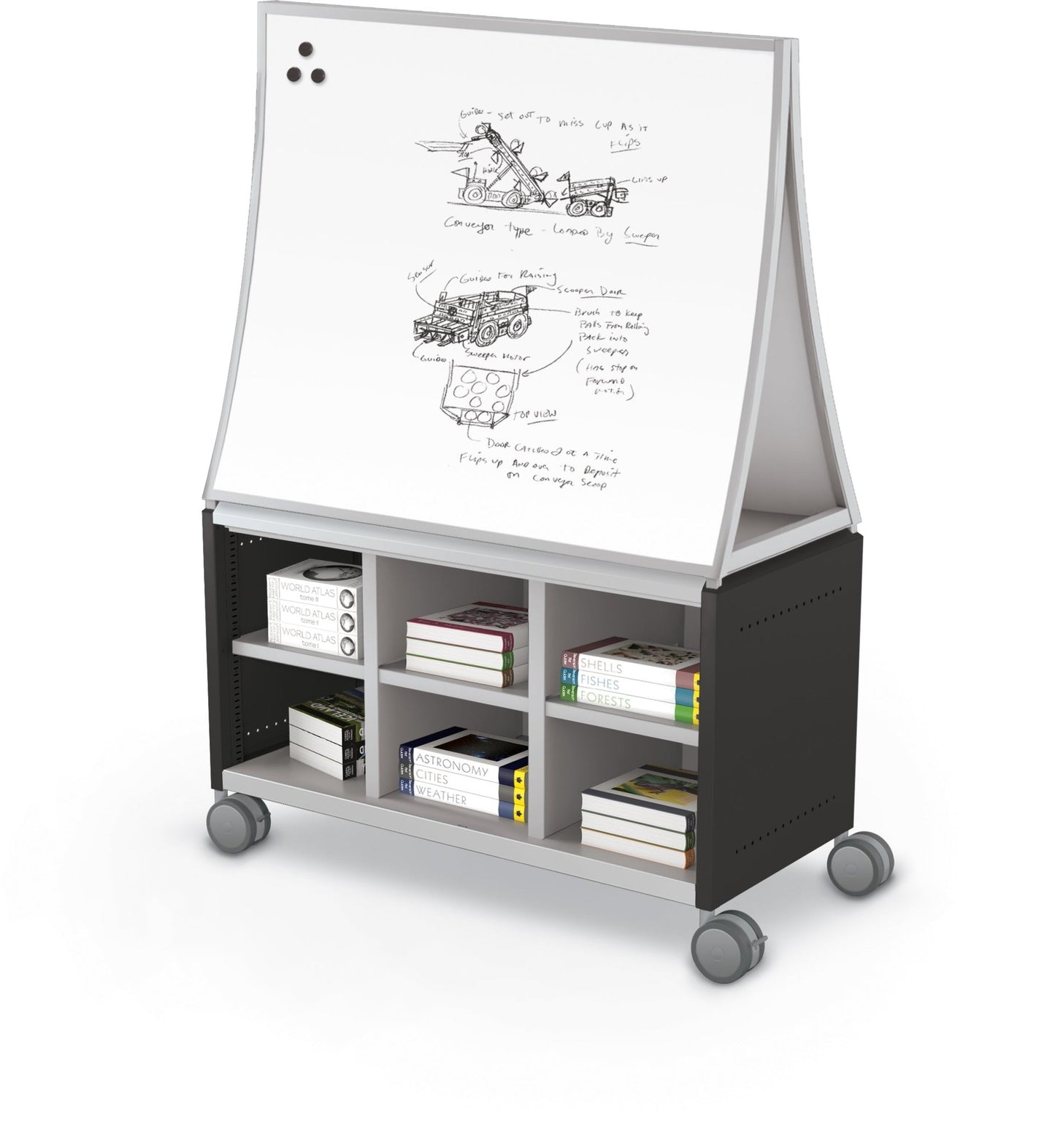 Mooreco Compass Cabinet Maxi H1 Standard Back Panel and Side Panels, No Doors with Cubbies, Casters and Ogee Board (MOR-A3A1X1E1B0) - SchoolOutlet