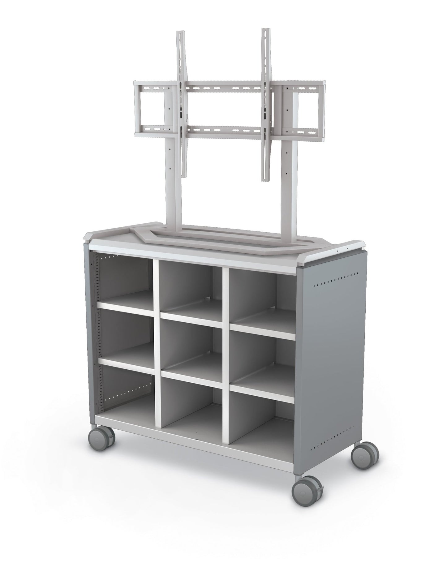 Mooreco Compass Cabinet Maxi H2 Standard Back and Side Panels, No Doors with Cubbies, Casters and TV Mount (MOR-B3A1X1E1A0) - SchoolOutlet