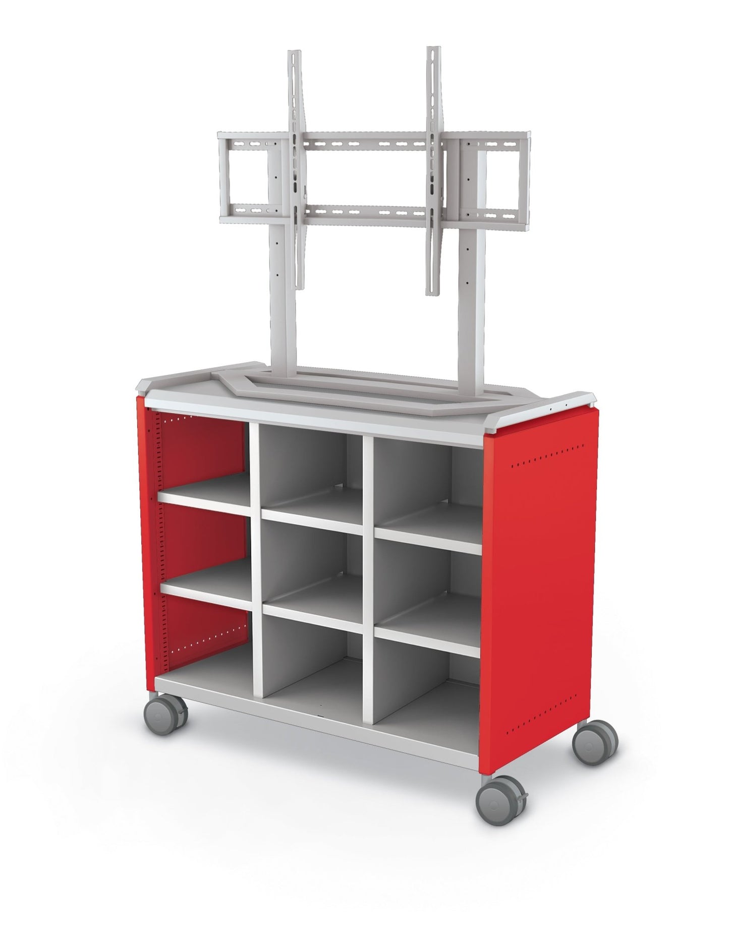 Mooreco Compass Cabinet Maxi H2 Standard Back and Side Panels, No Doors with Cubbies, Casters and TV Mount (MOR-B3A1X1E1A0) - SchoolOutlet