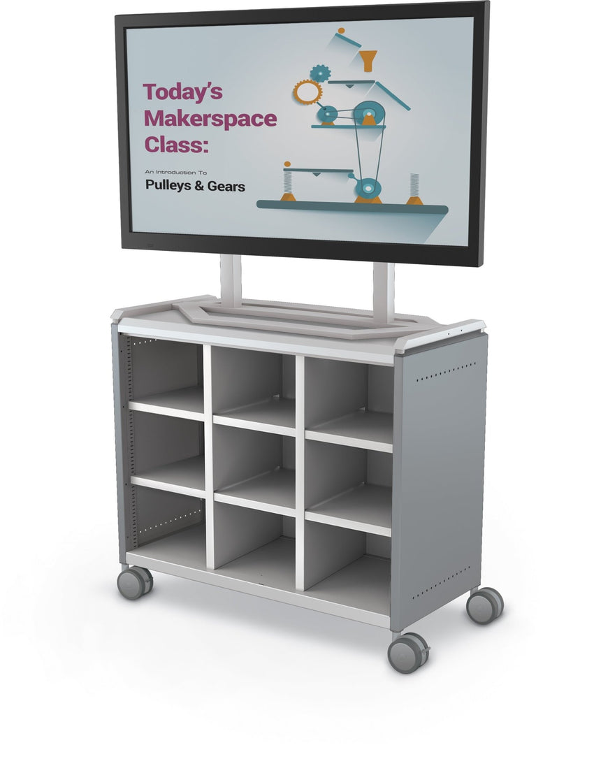 Mooreco Compass Cabinet Maxi H2 Standard Back and Side Panels, No Doors with Cubbies, Casters and TV Mount (MOR-B3A1X1E1A0) - SchoolOutlet