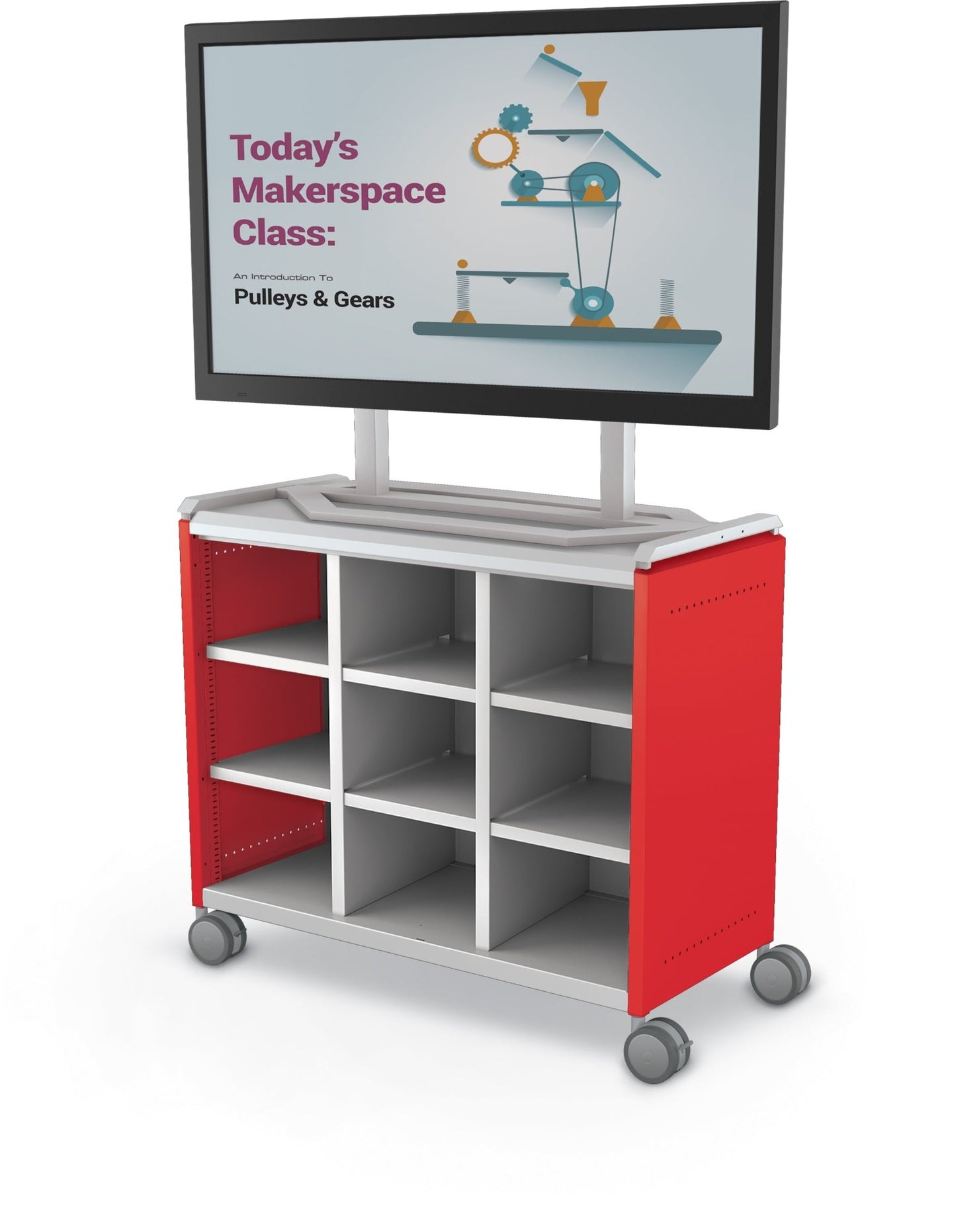 Mooreco Compass Cabinet Maxi H2 Standard Back and Side Panels, No Doors with Cubbies, Casters and TV Mount (MOR-B3A1X1E1A0) - SchoolOutlet