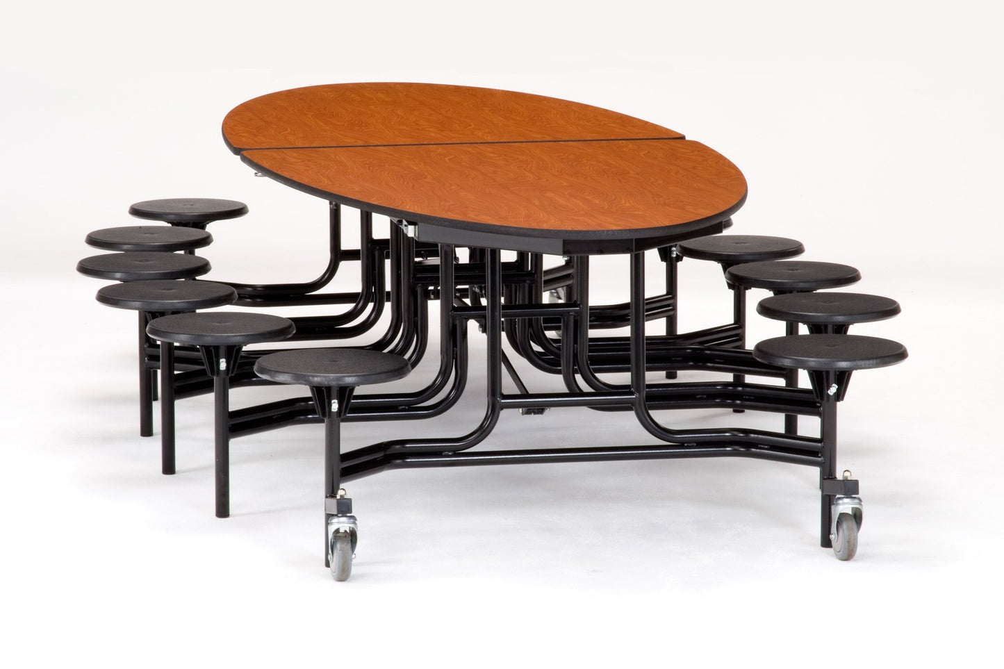 NPS 10' Elliptical Mobile Cafeteria Table - 12 Stools - Particleboard Core - T-Molding Edge - Black Powdercoated Frame - SchoolOutlet