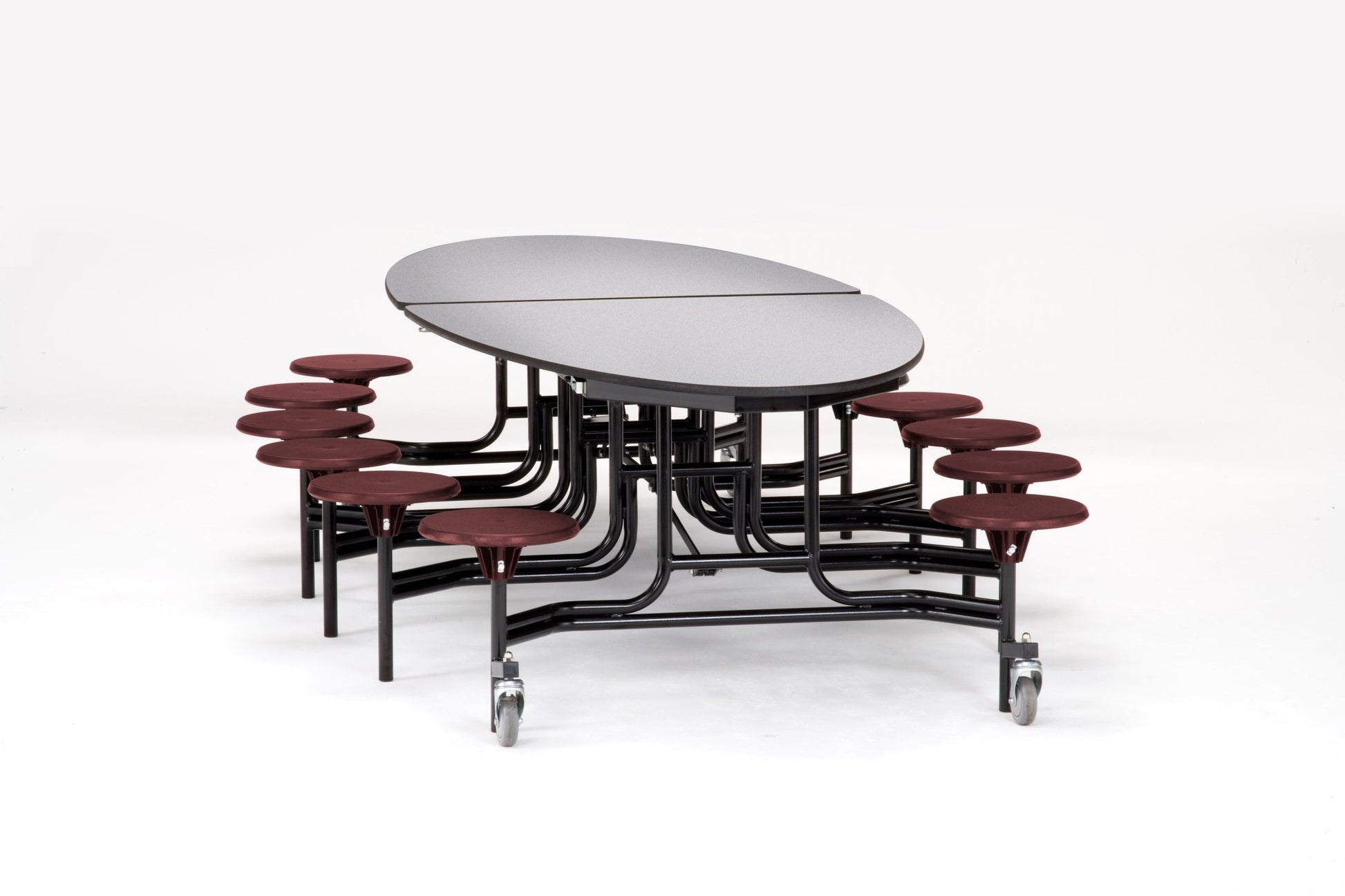 NPS 10' Elliptical Mobile Cafeteria Table - 12 Stools - Plywood Core - Protect Edge - Black Powdercoated Frame - SchoolOutlet