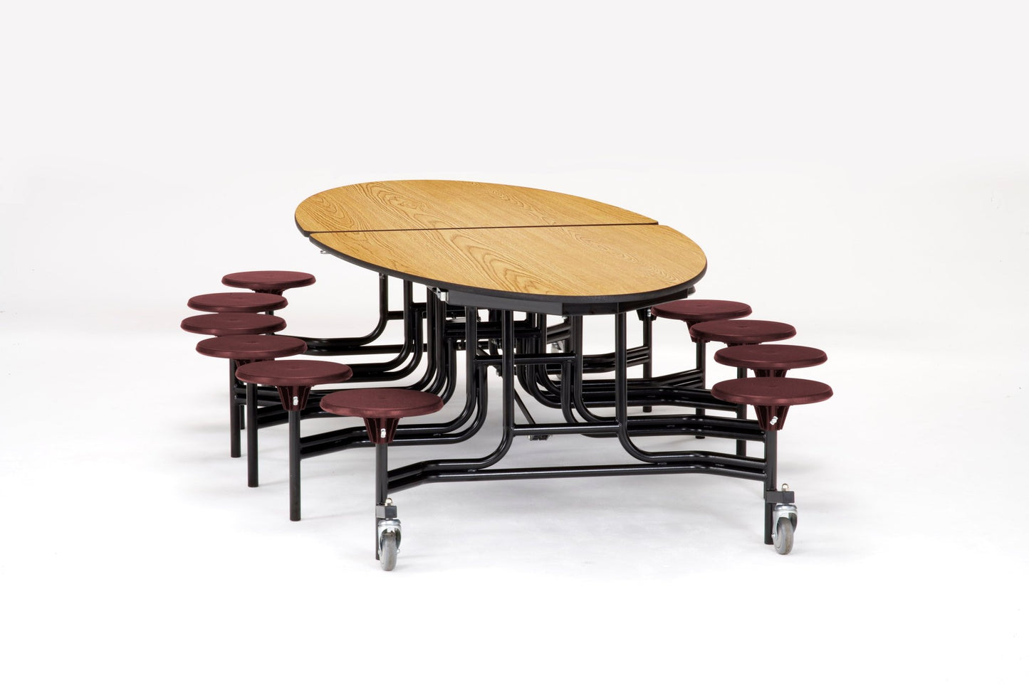 NPS 10' Elliptical Mobile Cafeteria Table - 12 Stools - Plywood Core - Protect Edge - Black Powdercoated Frame - SchoolOutlet