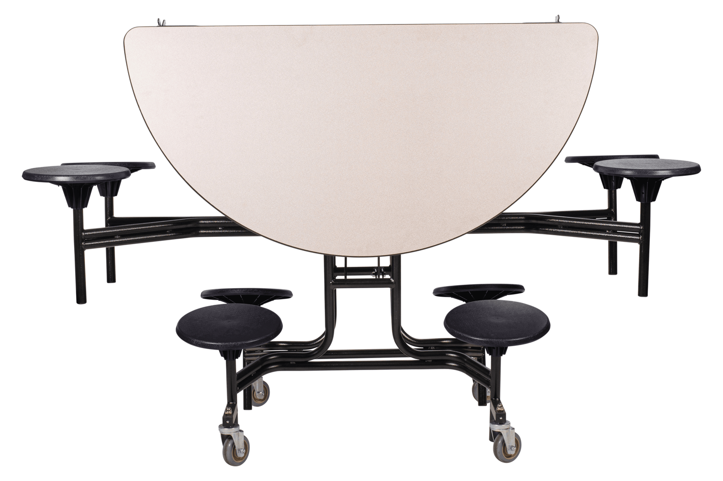 NPS 60" Round Mobile Cafeteria Table - 8 Stools - MDF Core - Protected Edge - Black Powdercoated Frame - SchoolOutlet