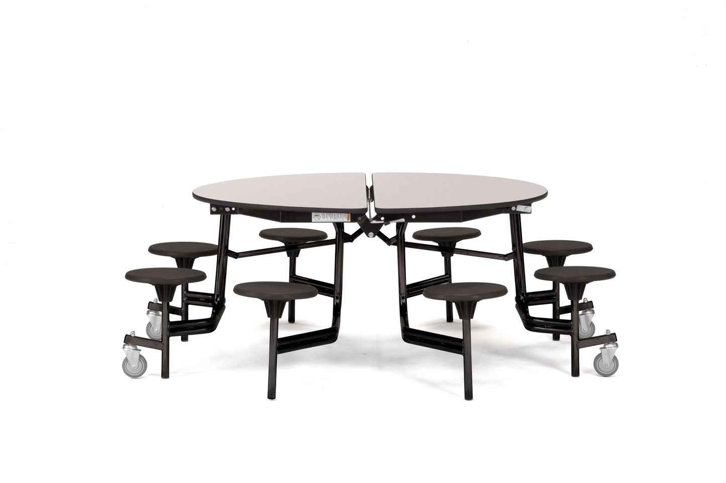 NPS 60" Round Mobile Cafeteria Table - 8 Stools - Particleboard Core - T-Molding Edge - Black Powdercoated Frame - SchoolOutlet