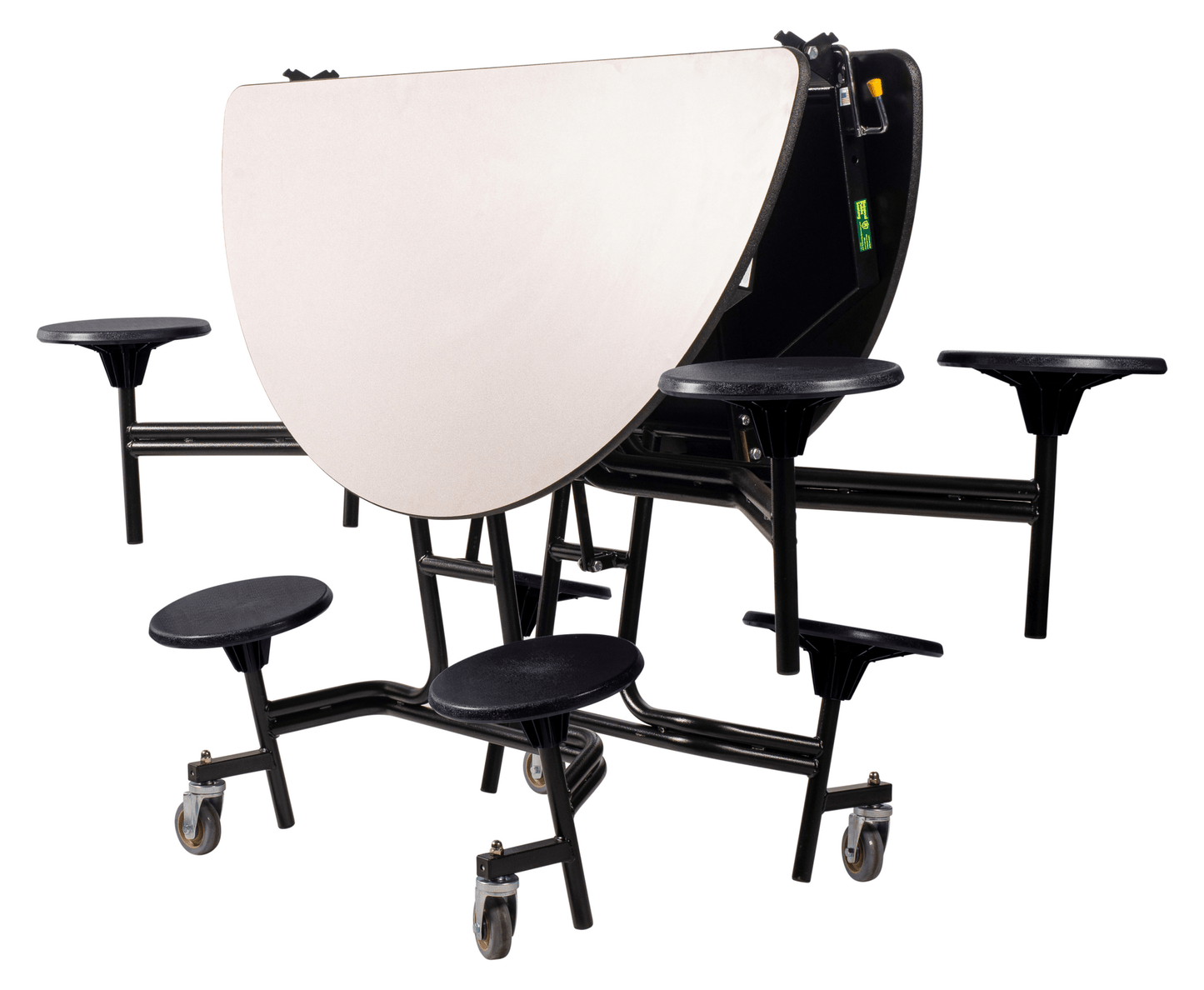 NPS 60" Round Mobile Cafeteria Table - 8 Stools - Particleboard Core - T-Molding Edge - Black Powdercoated Frame - SchoolOutlet