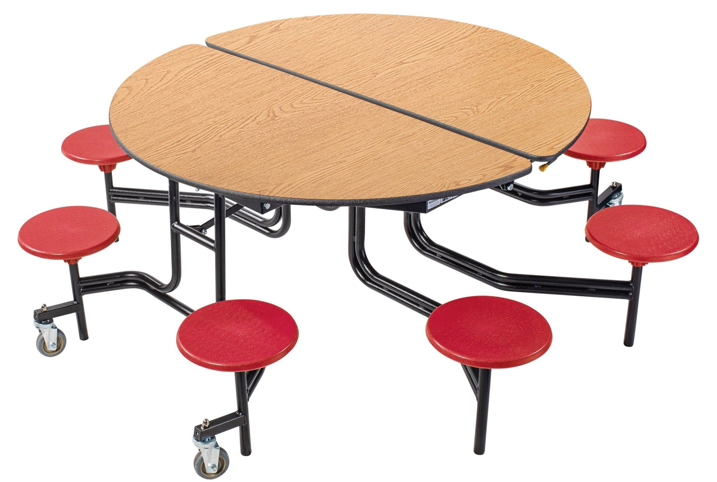 NPS 60" Round Mobile Cafeteria Table - 8 Stools - Particleboard Core - T-Molding Edge - Black Powdercoated Frame - SchoolOutlet