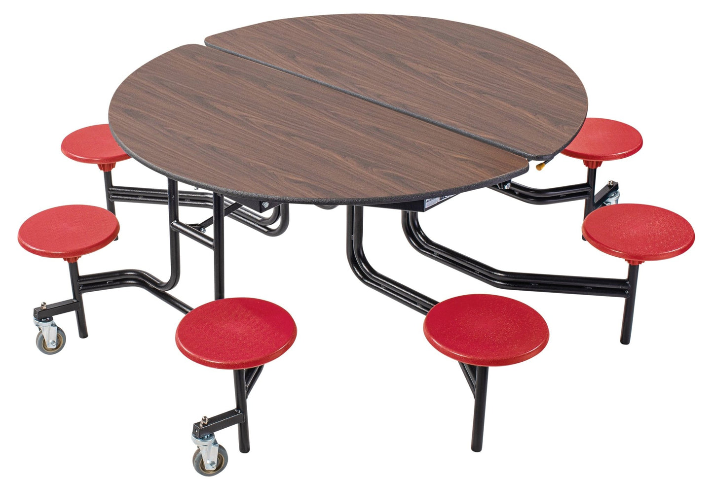 NPS 60" Round Mobile Cafeteria Table - 8 Stools - Particleboard Core - T-Molding Edge - Black Powdercoated Frame - SchoolOutlet