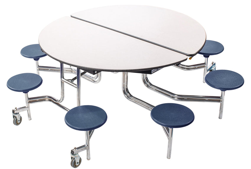 NPS 60" Round Mobile Cafeteria Table - 8 Stools - Plywood Core - Protect Edge - Chrome Frame - SchoolOutlet