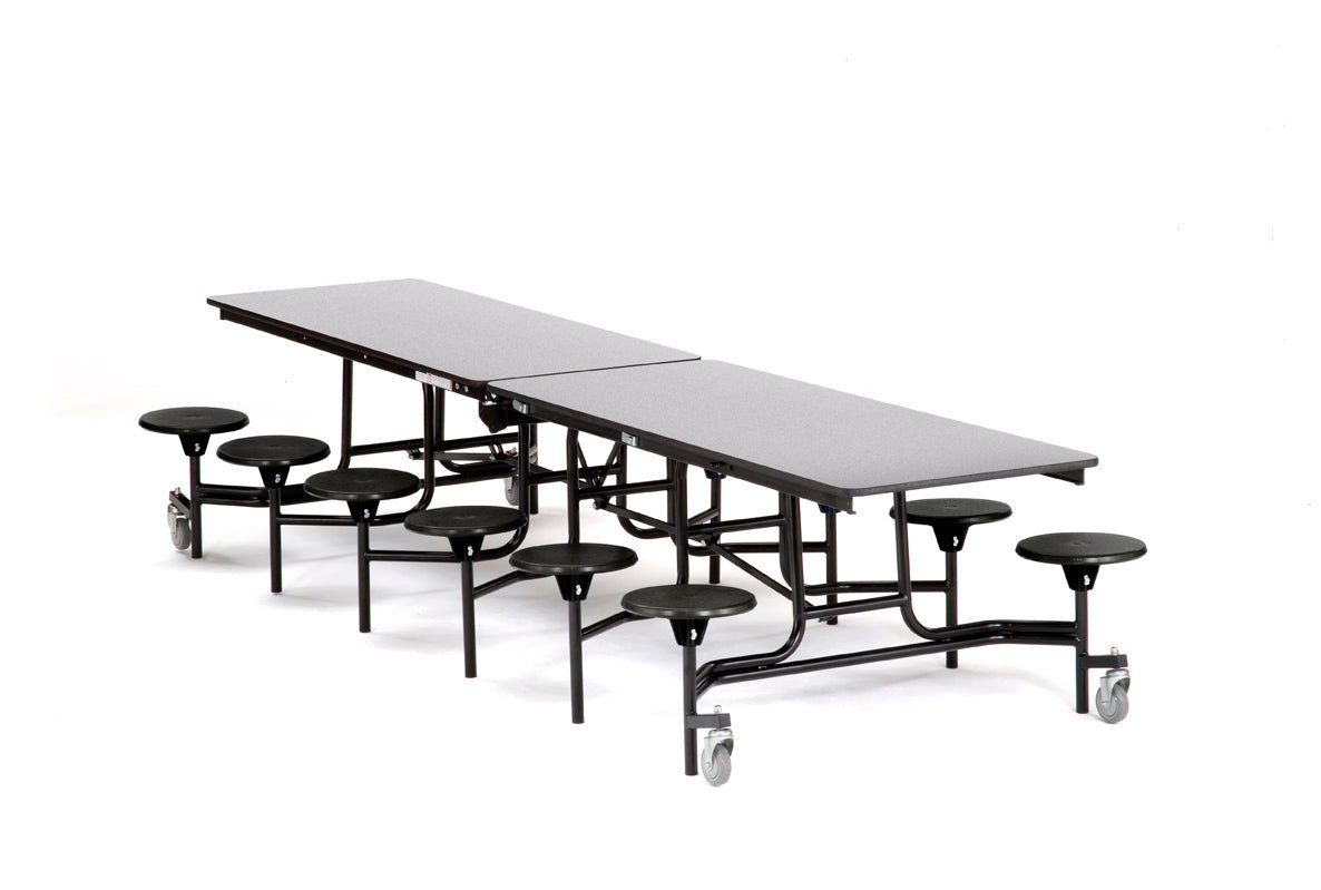 Mobile Cafeteria Lunchroom Stool Table - 30" W x 12' L - 12 Stools - Plywood Core - T-Molding Edge - Black Powdercoated Frame - SchoolOutlet