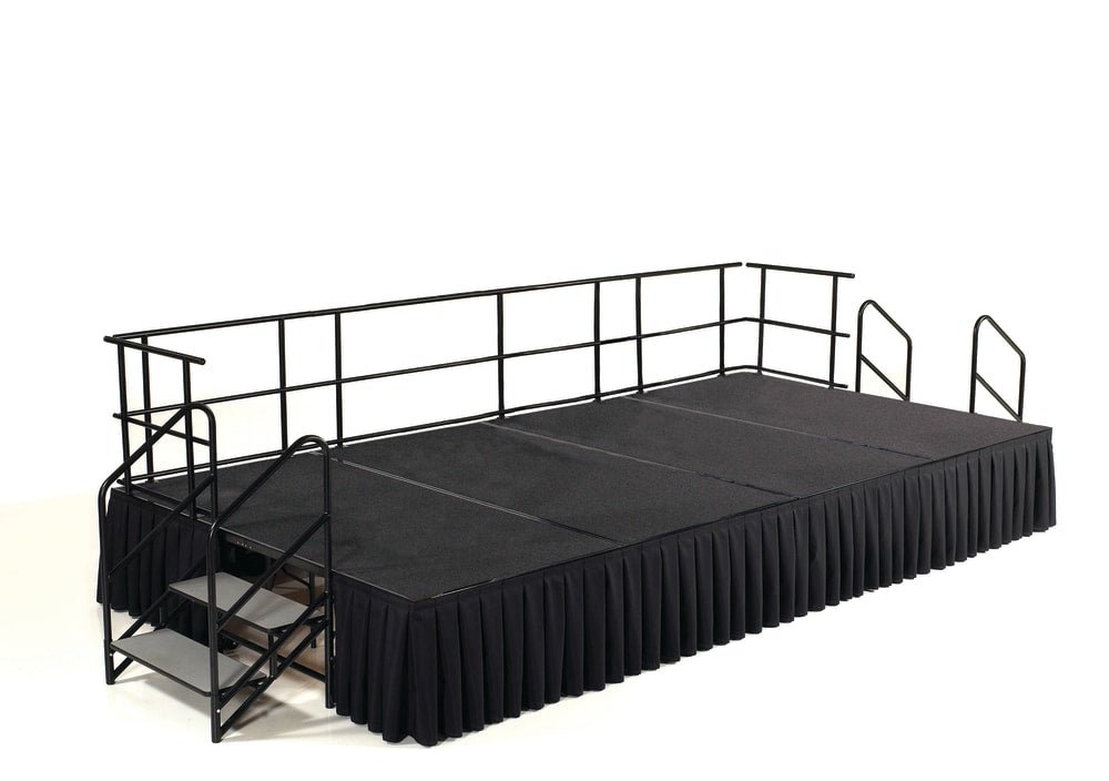 NPS Portable Stage Package w/ Carpeted or Hardboard Surface, 48"W x 16"H x 96"L - Black Shirred Skirting - SchoolOutlet