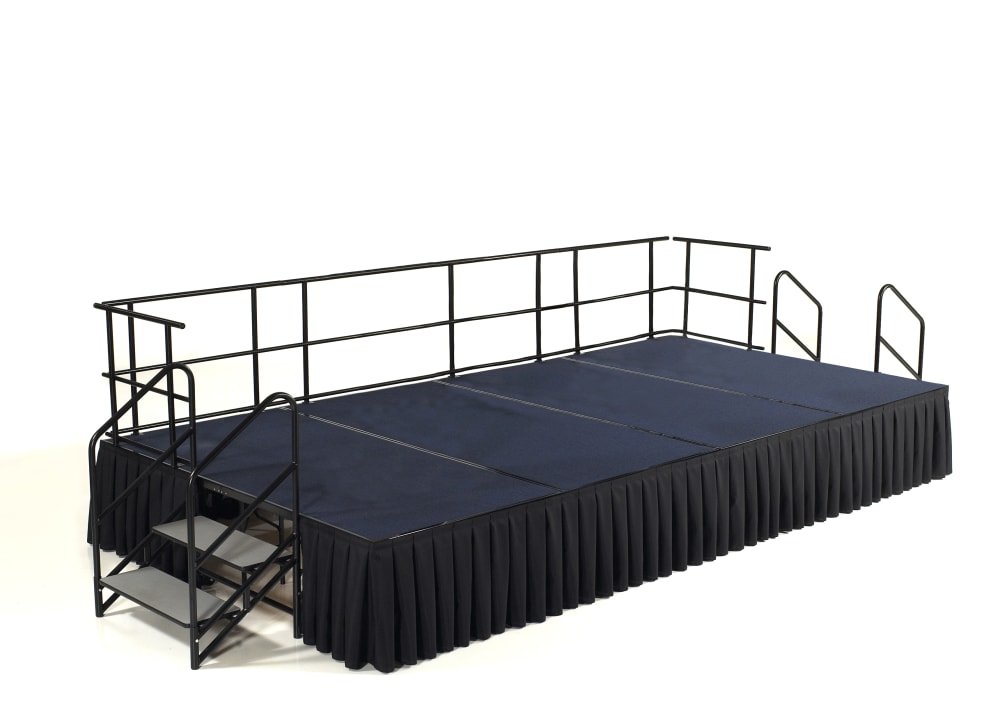 NPS Portable Stage Package w/ Carpeted or Hardboard Surface, 48"W x 16"H x 96"L - Black Shirred Skirting - SchoolOutlet