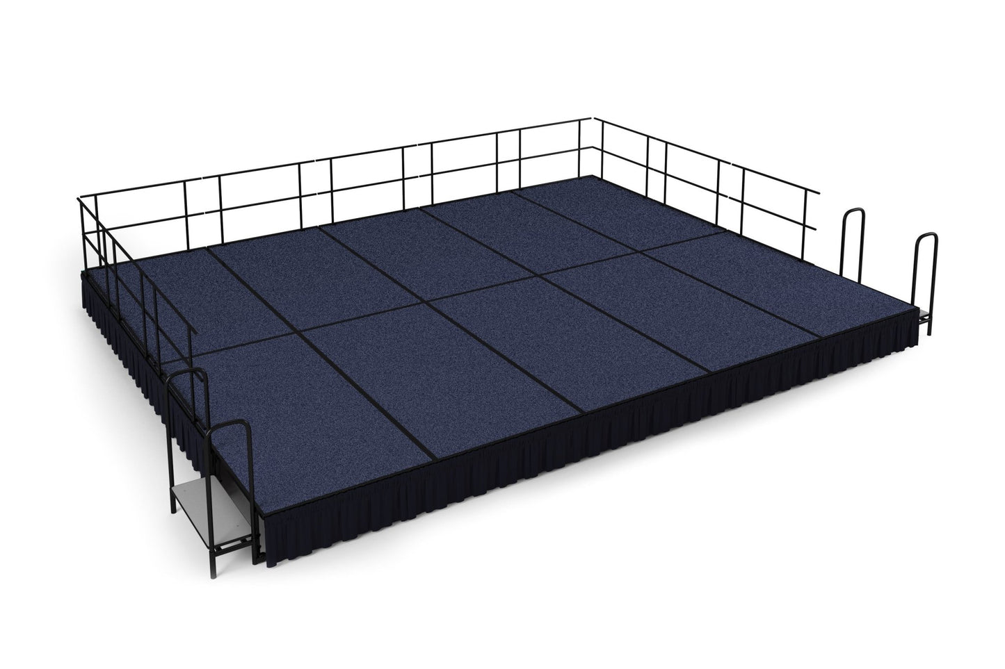 NPS Portable Stage Package w/ Carpeted or Hardboard Surface, 48"W x 16"H x 96"L - Black Shirred Skirting - SchoolOutlet