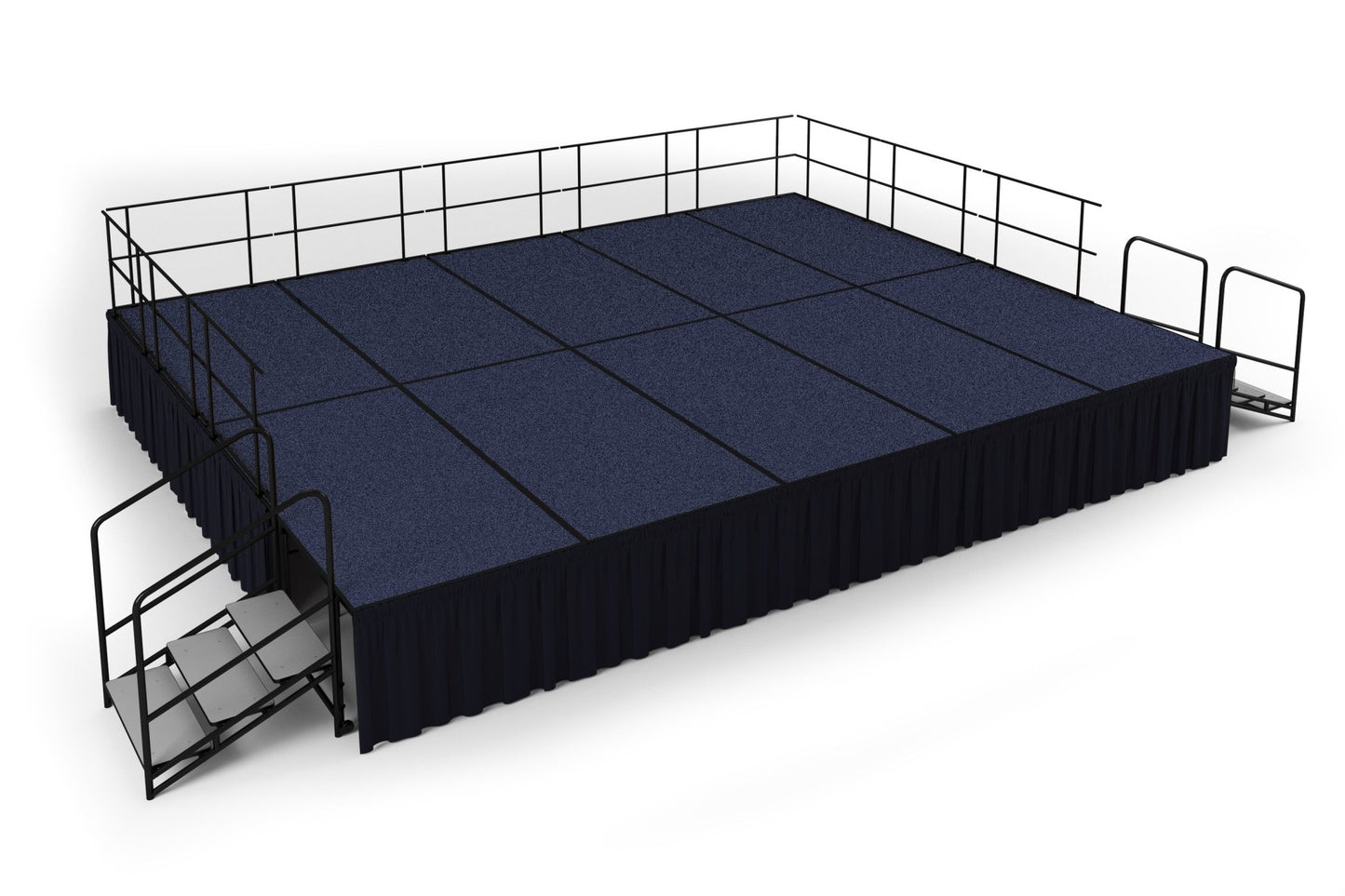 NPS Portable Stage Package w/ Carpeted or Hardboard Surface, 48"W x 32"H x 96"L - Black Shirred Skirting - SchoolOutlet