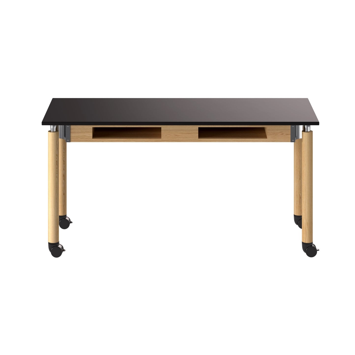 NPS Adjustable Science Lab Table - Chem-Res Top - Oak - Dual Book Compartment w/ Casters - 24" x 60" (National Public Seating NPS-SLT5-2460CBC) - SchoolOutlet