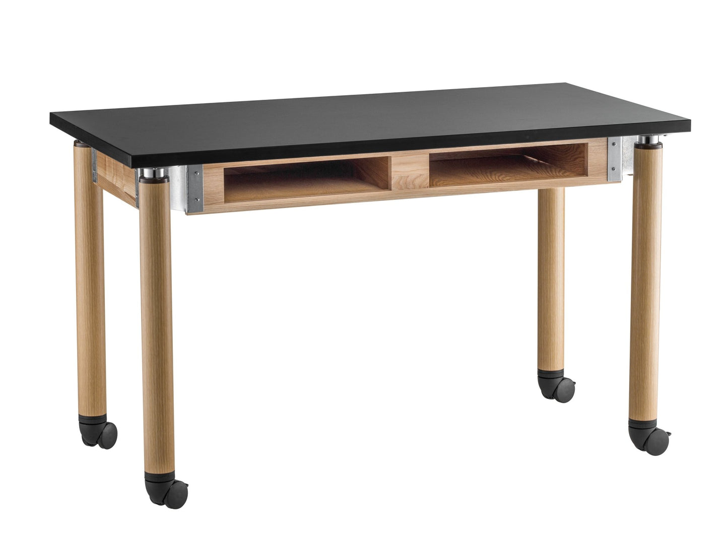 NPS Adjustable Science Lab Table - Chem-Res Top - Oak - Dual Book Compartment w/ Casters - 24" x 60" (National Public Seating NPS-SLT5-2460CBC) - SchoolOutlet