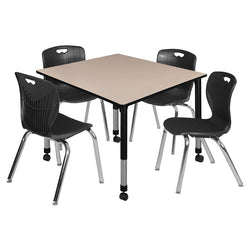 Regency Kee 48 in. Square Mobile Adjustable Classroom Table- Beige & 4 Andy 18 in. Stack Chairs- Black