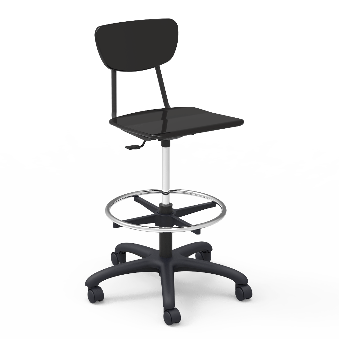 Virco 3860GCLS - 3000 Series Hard Plastic Mobile Lab Stool with Chrome Footring and Black Base/Wheels - Seat Adjusts from 19 1/2" to 27" - SchoolOutlet