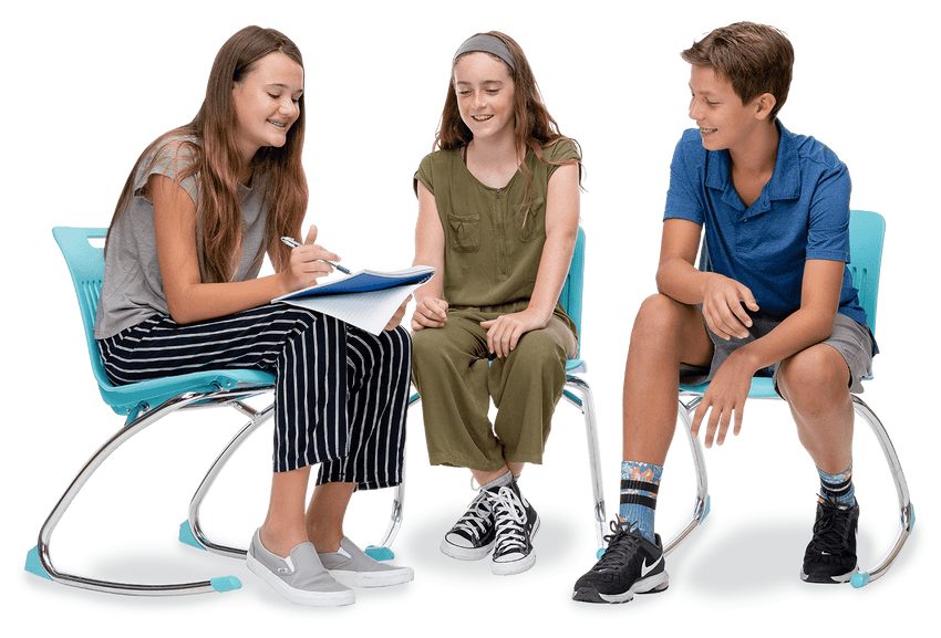 3 kids sitting in light blue Rocking Classroom Chair with 2 curved legs