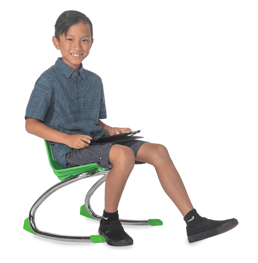 Child sitting in a green Rocking Classroom Chair with 2 curved legs