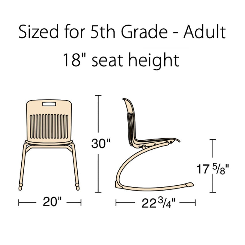 Size Diagram of the Rocking Classroom Chair with 2 curved legs