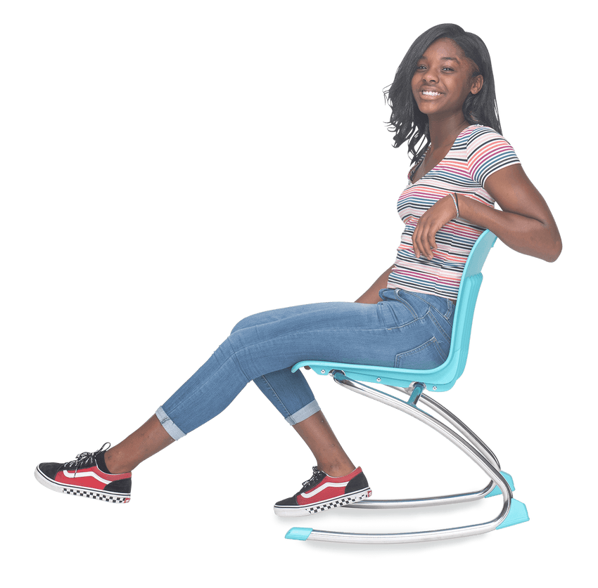 Kid sitting in a light blue Rocking Classroom Chair with 2 curved legs