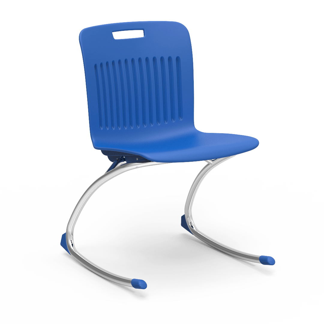 Blue Virco Rocking Classroom Chair with two curved legs