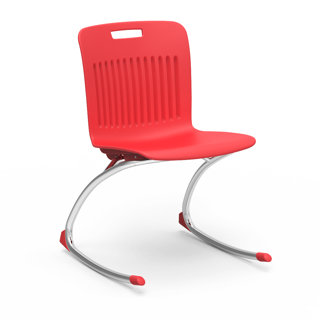 Red Virco Rocking Classroom Chair with two curved legs