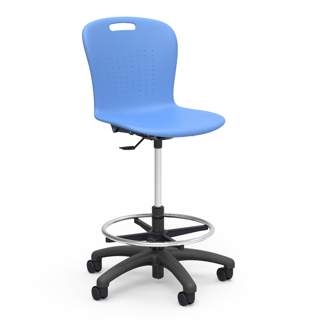 Virco SGLAB - Sage Series Ergonomic Plastic Mobile Lab Stool with Chrome Footring and Black Base/Wheels - Seat Adjusts from 19 1/2" to 27" - SchoolOutlet