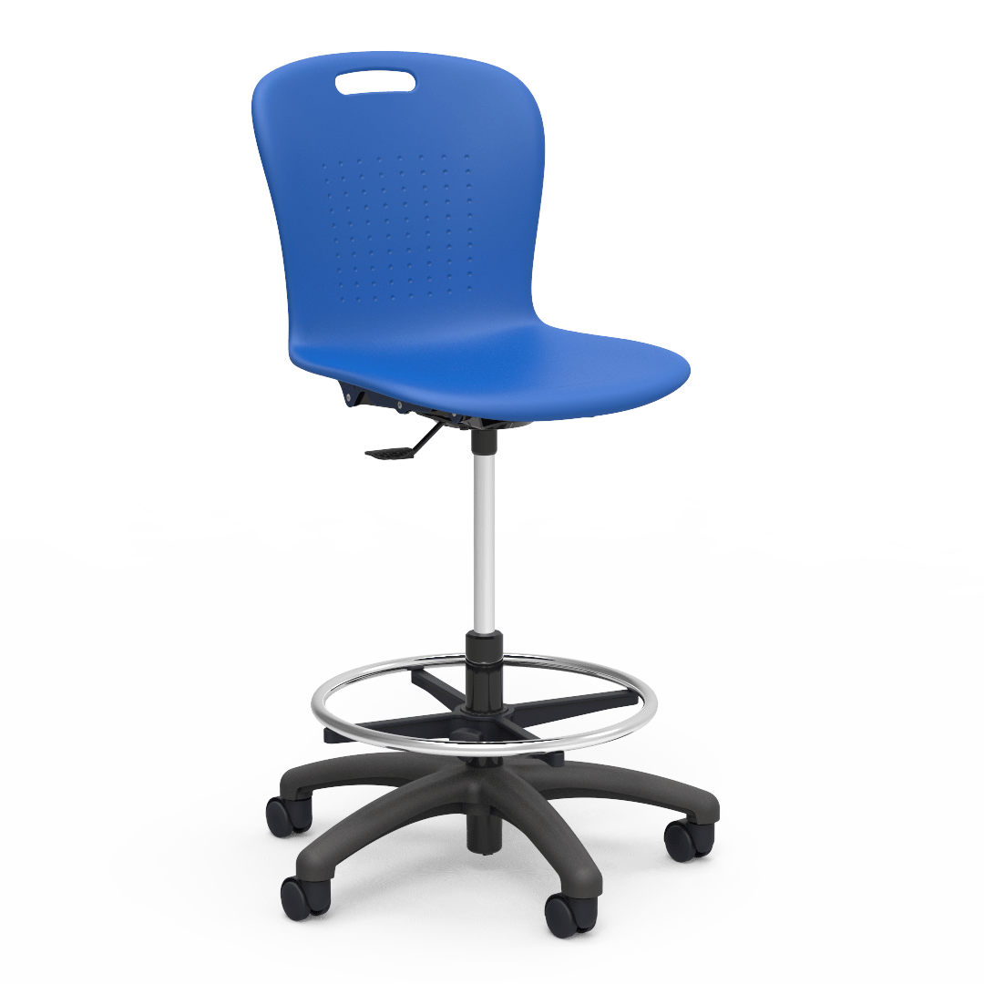 Virco SGLAB - Sage Series Ergonomic Plastic Mobile Lab Stool with Chrome Footring and Black Base/Wheels - Seat Adjusts from 19 1/2" to 27" - SchoolOutlet