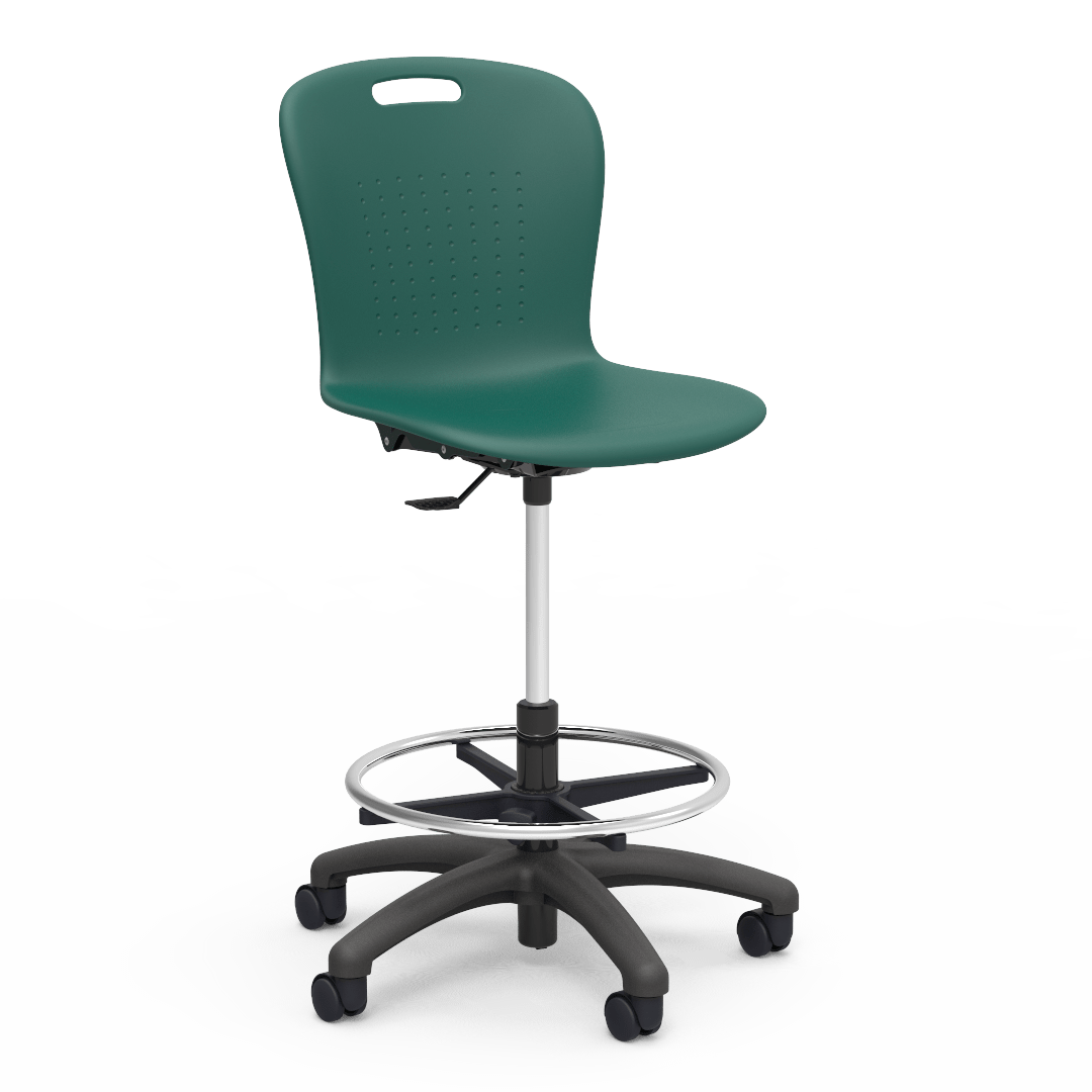 Virco SGLAB - Sage Series Ergonomic Plastic Mobile Lab Stool with Chrome Footring and Black Base/Wheels - Seat Adjusts from 19 1/2" to 27" - SchoolOutlet