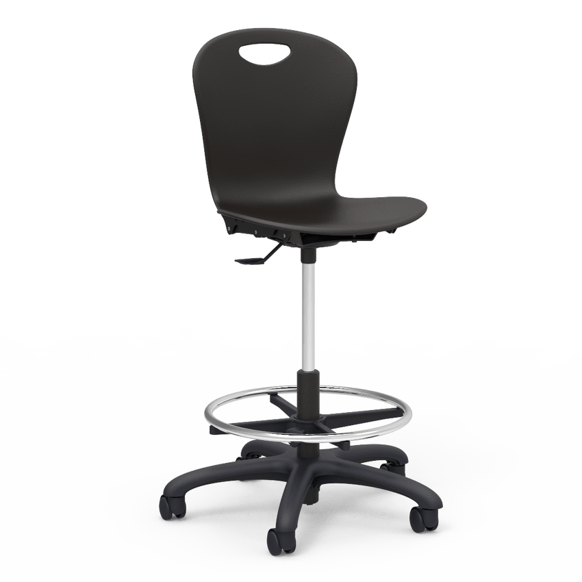 Virco ZLAB - Zuma Series Mobile Lab Stool with Chrome Footring and Black Base/Wheels - Seat Adjusts from 19 1/2" to 27" - SchoolOutlet