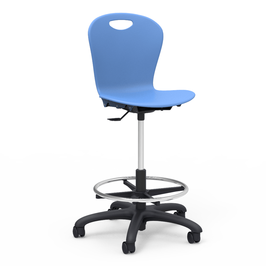 Virco ZLAB - Zuma Series Mobile Lab Stool with Chrome Footring and Black Base/Wheels - Seat Adjusts from 19 1/2" to 27" - SchoolOutlet