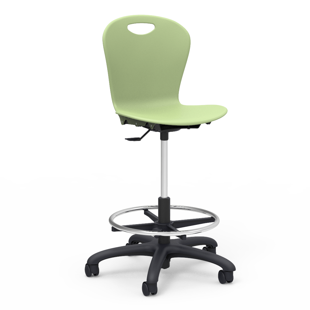 Virco ZLAB - Zuma Series Mobile Lab Stool with Chrome Footring and Black Base/Wheels - Seat Adjusts from 19 1/2" to 27" - SchoolOutlet