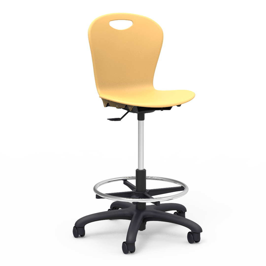 Virco ZLAB - Zuma Series Mobile Lab Stool with Chrome Footring and Black Base/Wheels - Seat Adjusts from 19 1/2" to 27" - SchoolOutlet