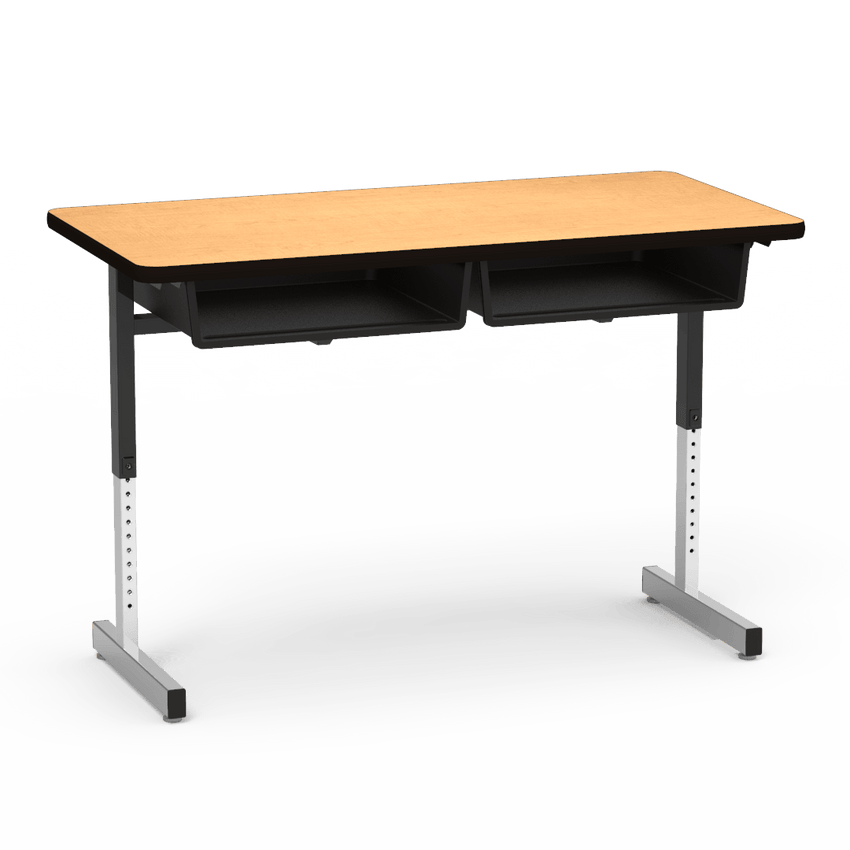 Virco 878 - Double Student Desk, Dual Open Front Book Boxes, 24" x 48" Top, Adjustable Cantilevered Legs (Virco 878) - SchoolOutlet