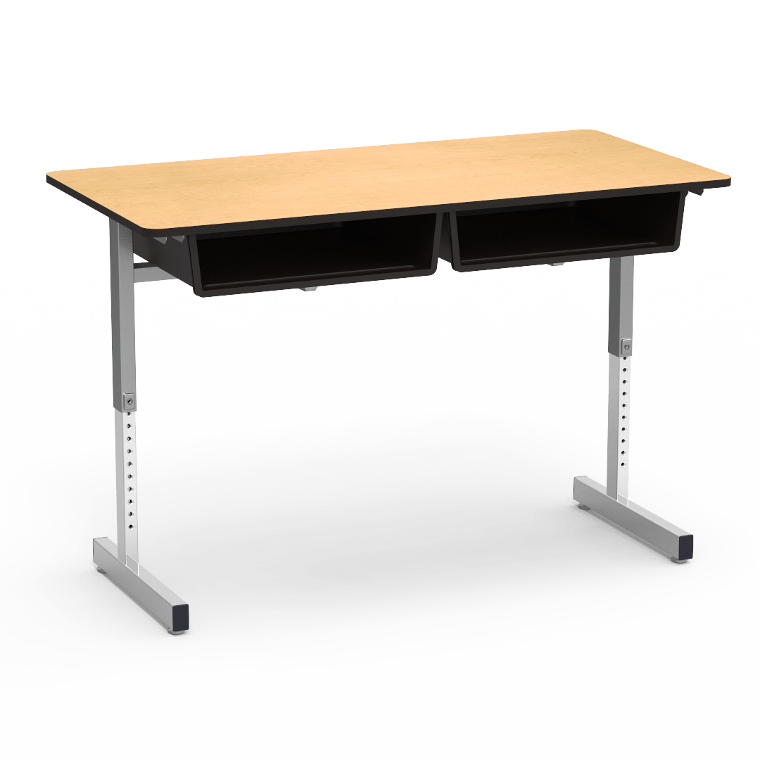 Virco 878 - Double Student Desk, Dual Open Front Book Boxes, 24" x 48" Top, Adjustable Cantilevered Legs (Virco 878) - SchoolOutlet