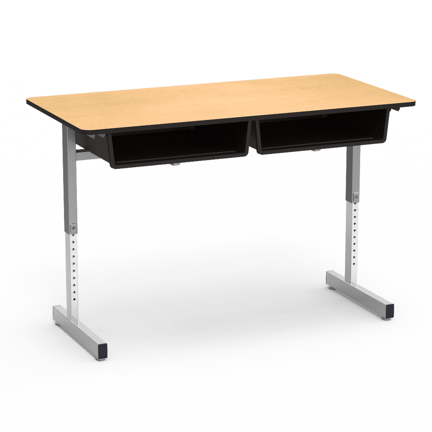 Virco 878 - Double Student Desk, Dual Open Front Book Boxes, 24" x 48" Top, Adjustable Cantilevered Legs (Virco 878) - SchoolOutlet