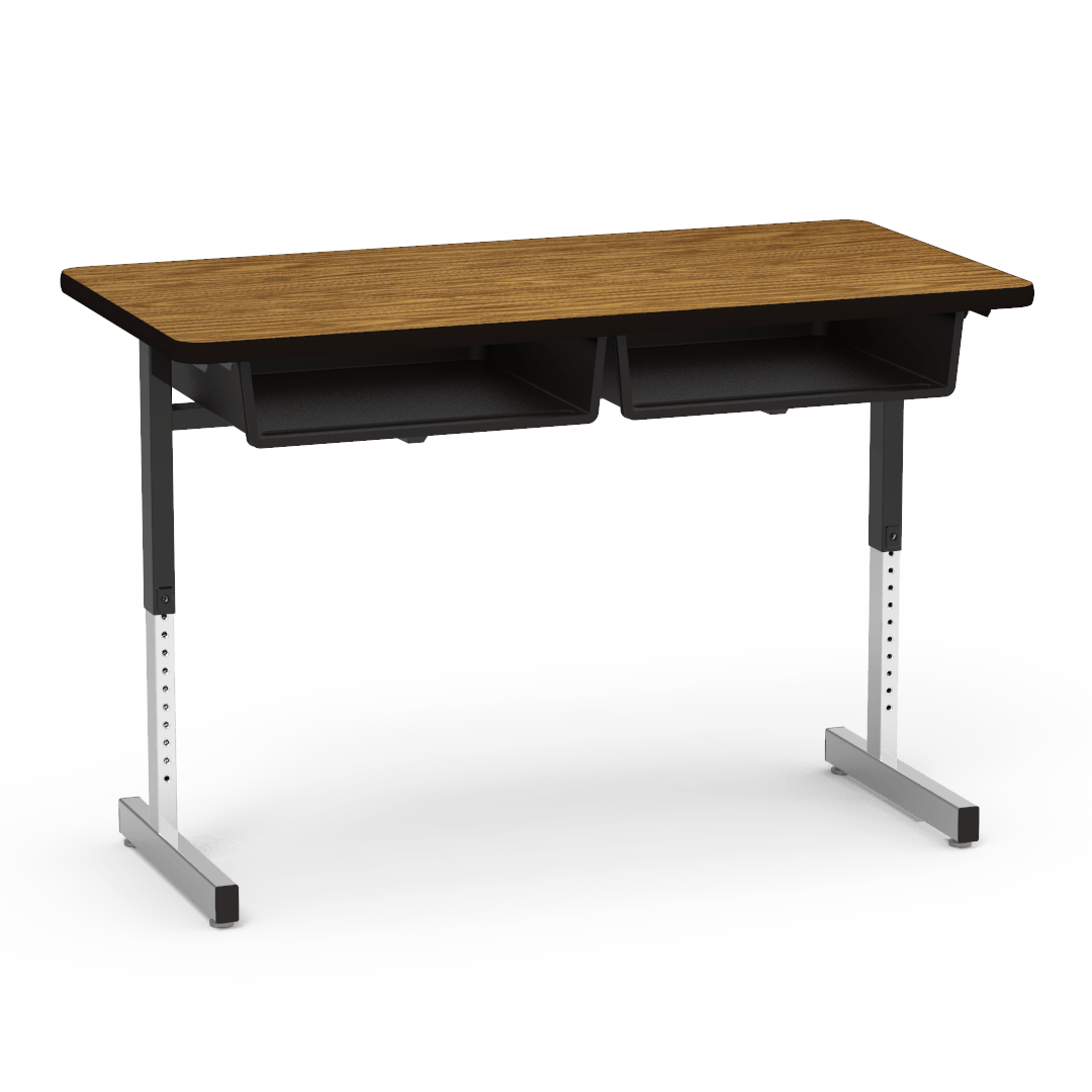 Virco 878 - Double Student Desk, Dual Open Front Book Boxes, 24" x 48" Top, Adjustable Cantilevered Legs (Virco 878) - SchoolOutlet