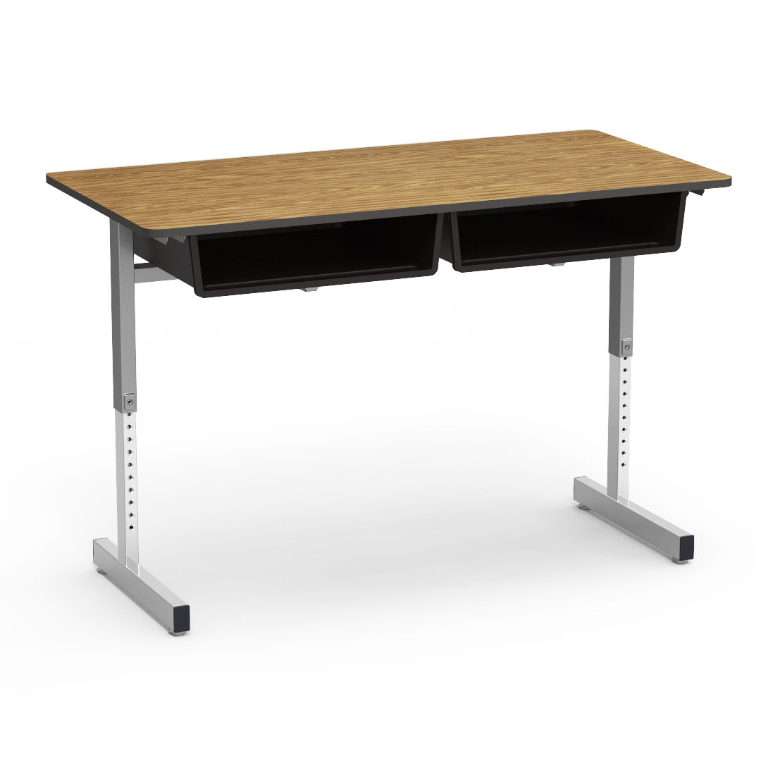 Virco 878 - Double Student Desk, Dual Open Front Book Boxes, 24" x 48" Top, Adjustable Cantilevered Legs (Virco 878) - SchoolOutlet