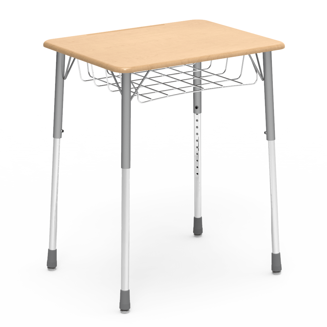 Virco ZADJ2026BRM - ZUMA Series Student Desk, Hard Plastic 20" x 26-1/8" Top, 22"-34"H with wire book basket - SchoolOutlet