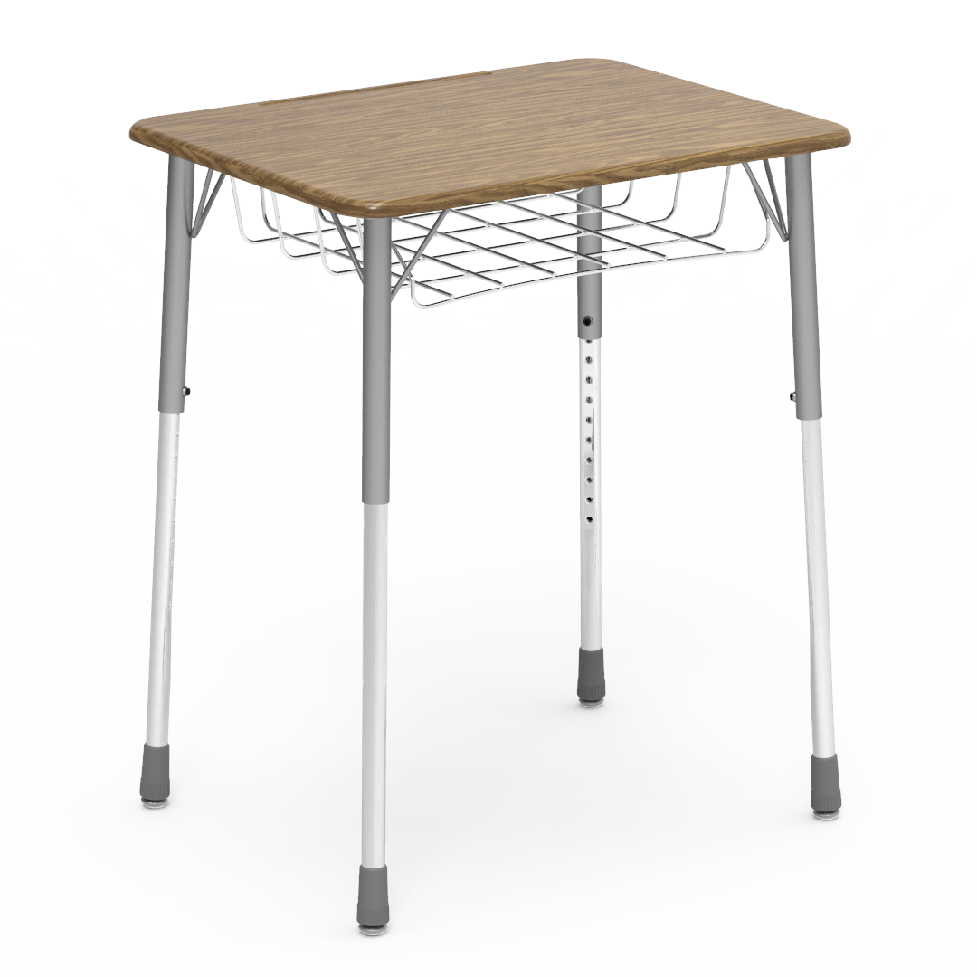 Virco ZADJ2026BRM - ZUMA Series Student Desk, Hard Plastic 20" x 26-1/8" Top, 22"-34"H with wire book basket - SchoolOutlet