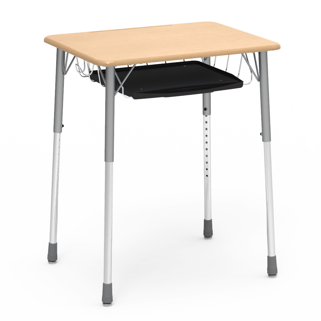 Virco ZADJ2026BRTBHM - ZUMA Series Student Desk, Hard Plastic Top (20" x 26-1/8"), Adjustable Height Legs (22"-34"H) with wire book basket with pencil tray and backpack hanger - SchoolOutlet